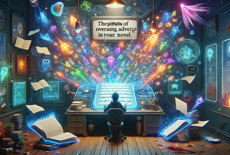 2DALL·E 2024-01-23 18.42.24 - A 16_9 image with a sci-fi fantasy feel, depicting 'The Pitfalls of Overusing Adverbs in Your Novel'. The image should show a futuristic writer's desk copy