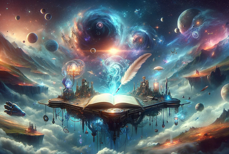 DALL·E 2024-01-13 00.10.00 - Create a 16_9 image that captures the theme 'The First Step in Writing Your Novel' with a strong sci-fi and fantasy feel. The artwork should depict an