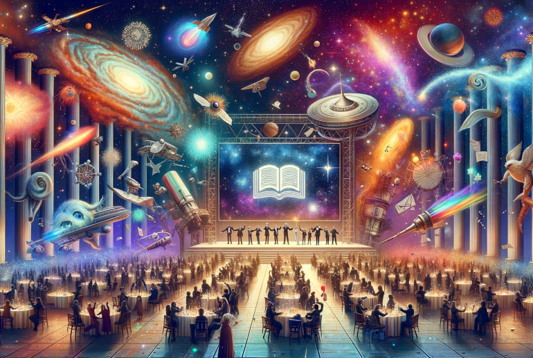 DALL·E 2024-01-13 20.04.51 - Design a 16_9 image that portrays the theme of celebrating a writing achievement within a sci-fi and fantasy setting. Imagine a grand hall or observat