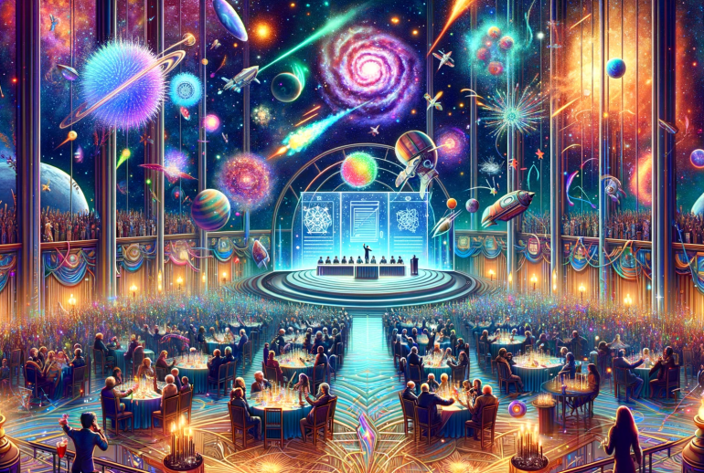 DALL·E 2024-01-13 20.04.53 - Design a 16_9 image that portrays the theme of celebrating a writing achievement within a sci-fi and fantasy setting. Imagine a grand hall or observat