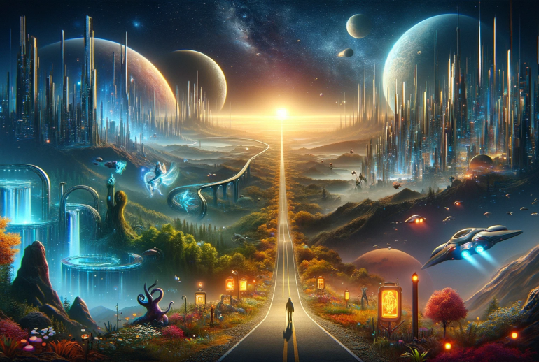 DALL·E 2024-01-14 00.51.05 - Create a 16_9 image that captures the essence of a 'journey' in a sci-fi and fantasy setting. Visualize a path leading through various fantastical and