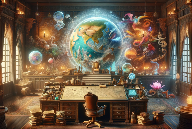 DALL·E 2024-01-14 01.30.43 - Design a 16_9 image that encapsulates the concept of 'World Building in Fantasy'. The image should depict a fantasy writer's creative space, where the