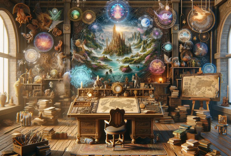 DALL·E 2024-01-14 01.30.44 - Design a 16_9 image that encapsulates the concept of 'World Building in Fantasy'. The image should depict a fantasy writer's creative space, where the