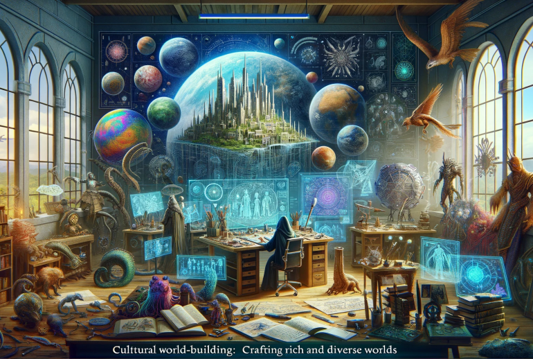 DALL·E 2024-01-14 18.34.59 - Create a 16_9 image that illustrates the concept of 'Cultural World-Building_ Crafting Rich and Diverse Worlds' with a fantasy and sci-fi feel. The im