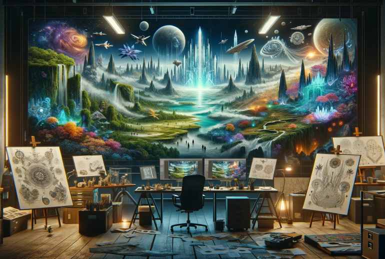 DALL·E 2024-01-14 18.45.27 - Design a 16_9 image that embodies the theme 'Geography and Landscapes_ Crafting Immersive Worlds' in a fantasy and sci-fi setting. The image should sh