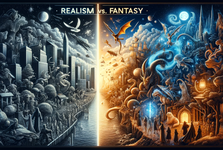 DALL·E 2024-01-14 19.15.58 - Design a 16_9 image that visually contrasts 'Realism vs. Fantasy' in a fantasy and sci-fi setting. The image should depict two distinct halves_ one re