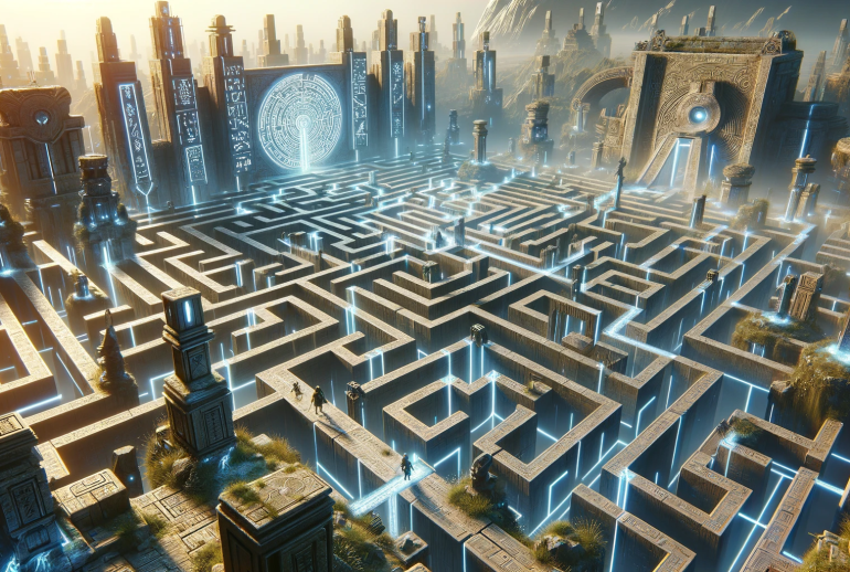 DALL·E 2024-01-14 19.30.56 - Create a 16_9 image that captures the theme of 'Navigating a Maze' in a fantasy and sci-fi setting. The image should depict an intricate maze that ble