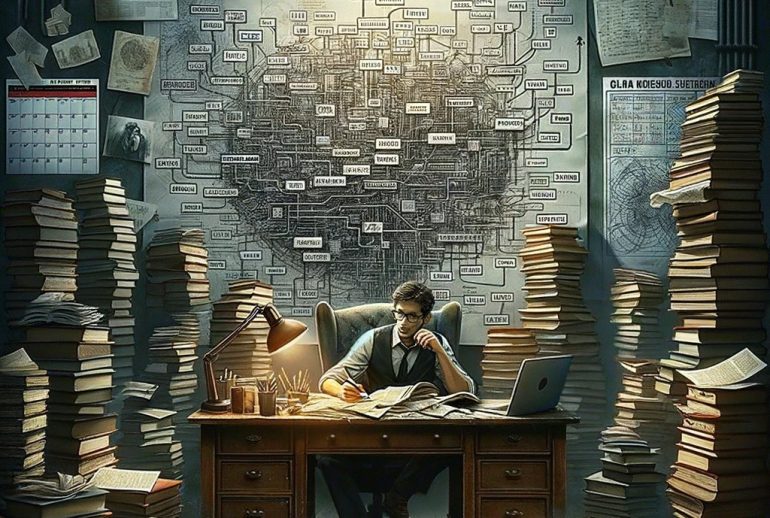 DALL·E 2024-01-17 00.49.12 - An artistic representation of the challenges of writing a series. The image should depict a writer sitting at a cluttered desk, surrounded by stacks o