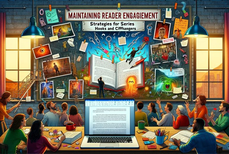 DALL·E 2024-01-17 01.16.04 - A 16_9 image depicting 'Maintaining Reader Engagement_ Strategies for Series Hooks and Cliffhangers'. The image should feature a writer's brainstormin