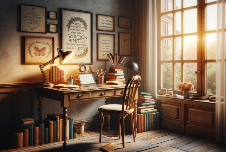 DALL·E 2024-01-19 06.19.35 - A cozy and inspiring writer's corner, capturing the essence of passion for fiction writing. The scene includes a vintage wooden desk bathed in soft, w