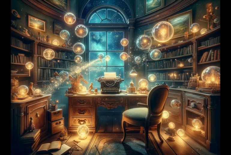 DALL·E 2024-01-19 06.24.33 - A mystical and imaginative writer's study, embodying the concept of cultivating imagination. The scene showcases a spacious desk with an antique typew