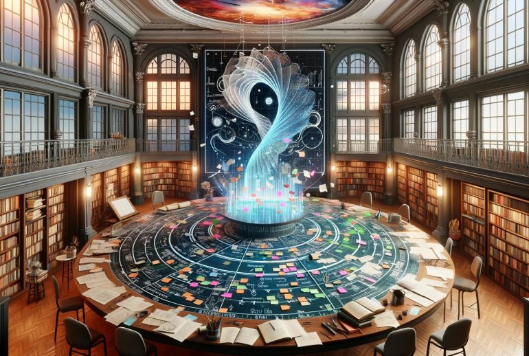DALL·E 2024-01-19 06.33.40 - An artistic representation of the process of constructing engaging plots in storytelling. The scene features a large, circular plotting table in the c