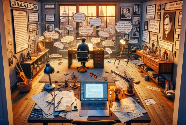 DALL·E 2024-01-19 06.35.49 - A visually engaging depiction of the art of crafting dialogue in writing. The scene includes a writer's workspace with a sleek, modern desk. On the de