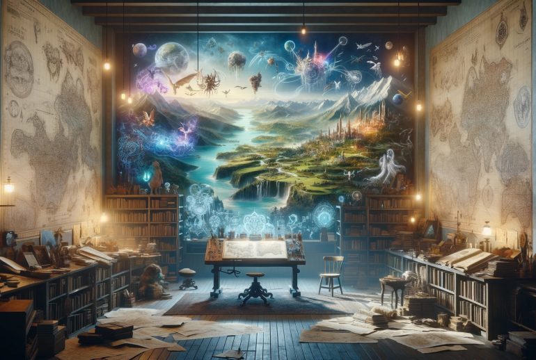 DALL·E 2024-01-19 06.38.08 - An inspiring and imaginative visual representation of the magic of setting and world-building in storytelling. The image showcases an author's studio,