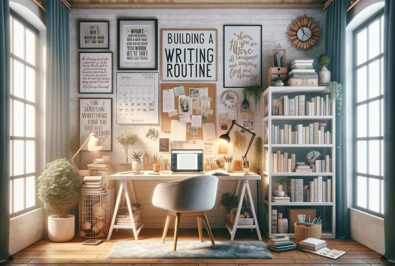 DALL·E 2024-01-19 06.59.07 - An inspiring scene depicting the concept of building a writing routine and staying inspired. The image portrays a cozy and organized writer's nook in