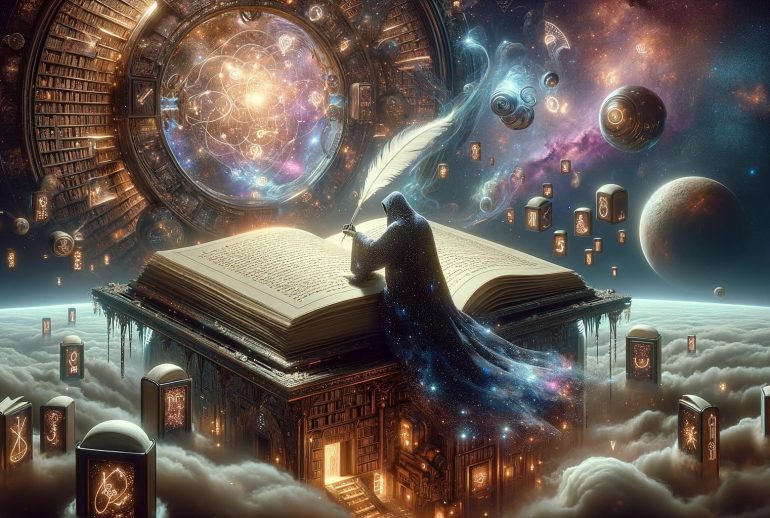 DALL·E 2024-01-20 21.52.48 - A surreal sci-fi fantasy image symbolizing 'The Art of Crafting a Satisfying Ending in Your Novel'. The scene depicts a majestic cosmic library floati