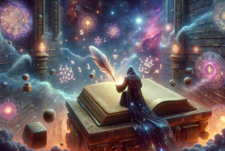 DALL·E 2024-01-20 21.52.50 - A surreal sci-fi fantasy image symbolizing 'The Art of Crafting a Satisfying Ending in Your Novel'. The scene depicts a majestic cosmic library floati