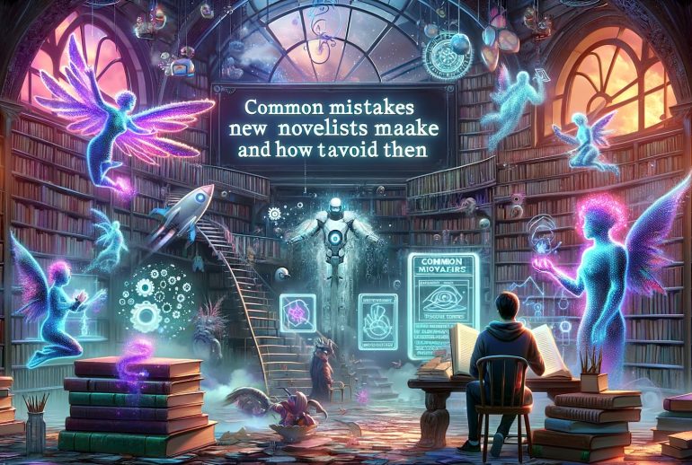 DALL·E 2024-01-23 18.29.45 - A 16_9 image with a sci-fi fantasy feel depicting 'Common Mistakes New Novelists Make and How to Avoid Them'. The image should feature a whimsical, fu